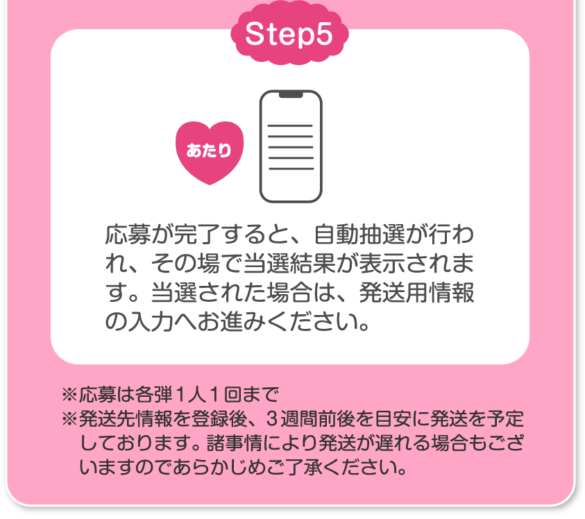Step5 応募が完了すると、自動抽選が行われ、その場で当選結果が表示されます。当選された場合は、発送用情報の入力へお進みください。※応募は各弾1人1回まで※発送先情報を登録後、3週間前後を目安に発送を予定しております。諸事情により発送が遅れる場合もございますのであらかじめご了承ください。