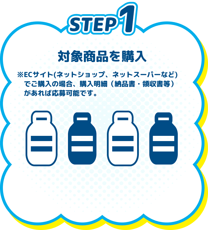 
          STEP1　対象商品を購入　※ECサイト(ネットショップ、ネットスーパーなど)でご購入の場合、購入明細（納品書・領収書等）があれば応募可能です。
