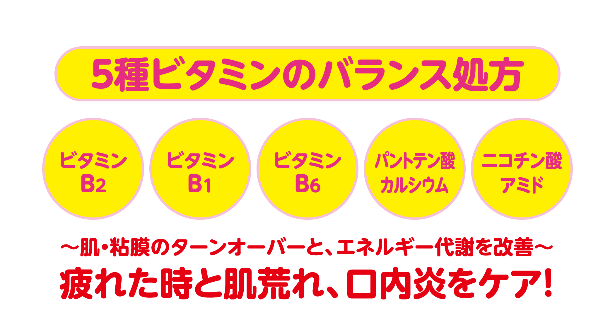 チョコラBBプラスの特徴［５種ビタミンのバランス処方］ビタミンB2、ビタミンB1、ビタミンB6、パントテン酸カルシウム、ニコチン酸アミド 〜肌・粘膜のターンオーバーと、エネルギー代謝を改善〜 疲れた時と肌荒れ、口内炎をケア！