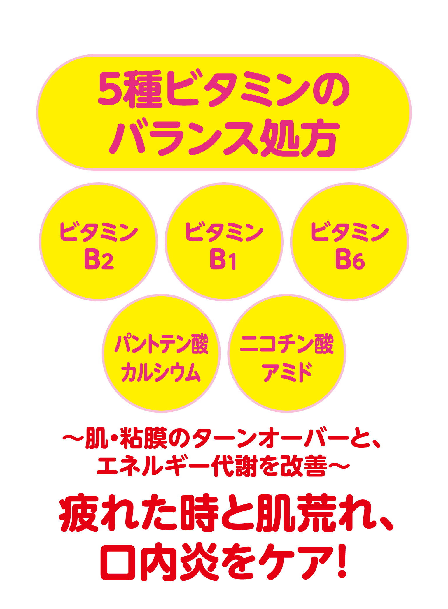チョコラBBプラスの特徴［５種ビタミンのバランス処方］ビタミンB2、ビタミンB1、ビタミンB6、パントテン酸カルシウム、ニコチン酸アミド 〜肌・粘膜のターンオーバーと、エネルギー代謝を改善〜 疲れた時と肌荒れ、口内炎をケア！