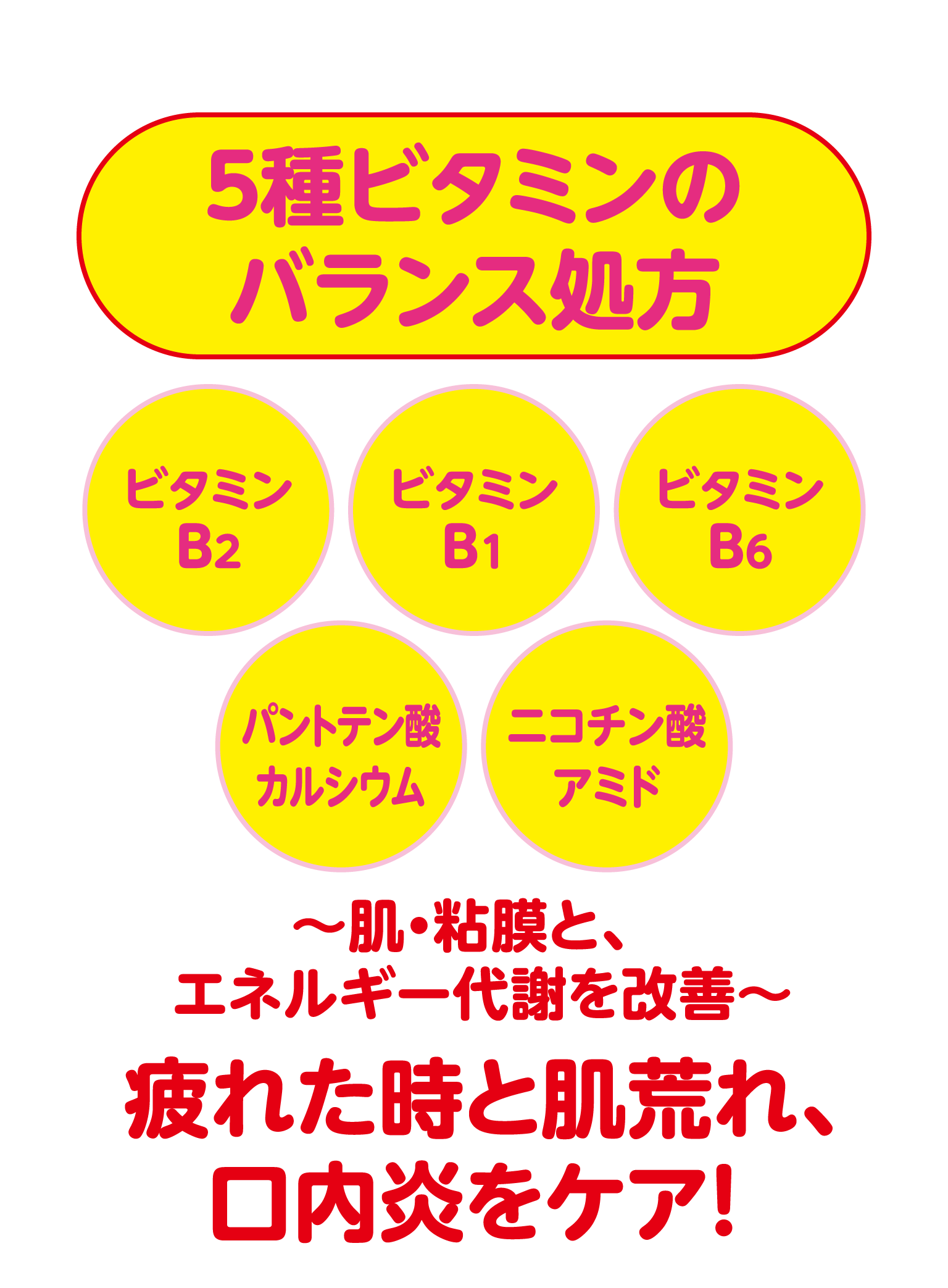 チョコラBBプラスの特徴［５種ビタミンのバランス処方］ビタミンB2、ビタミンB1、ビタミンB6、パントテン酸カルシウム、ニコチン酸アミド 〜肌・粘膜のターンオーバーと、エネルギー代謝を改善〜 疲れた時と肌荒れ、口内炎をケア！