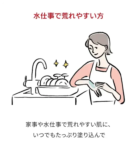 水仕事で荒れやすい方：家事や水仕事で荒れやすい肌に、いつでもたっぷり塗り込んで