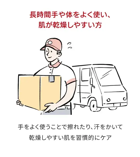 長時間手や体をよく使い、肌が乾燥しやすい方：手をよく使うことで擦れたり、汗をかいて乾燥しやすい肌を習慣的にケア