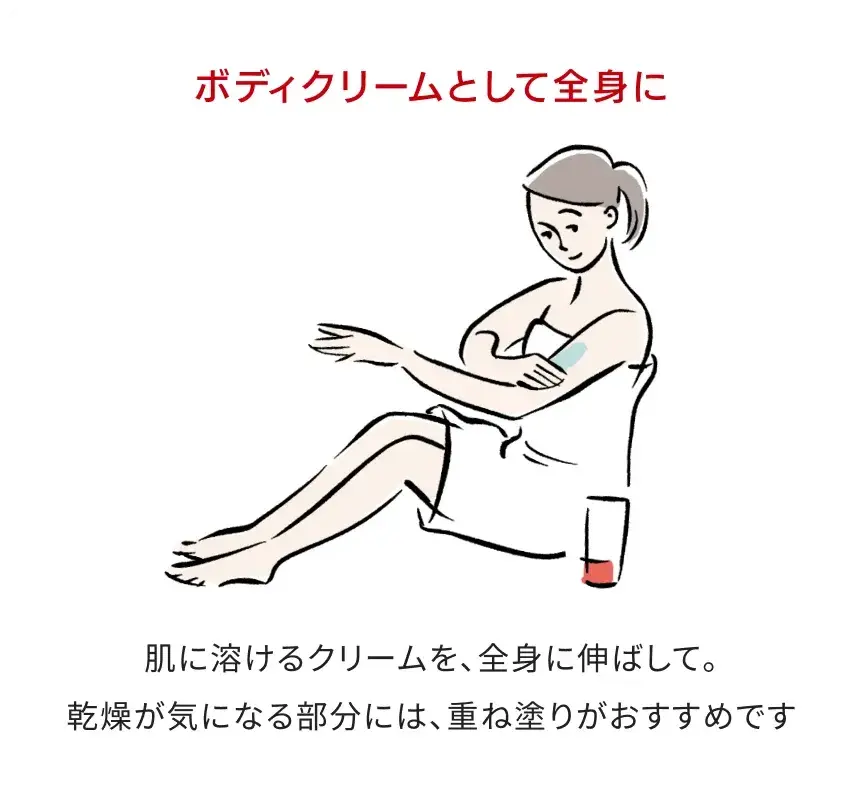 ボディクリームとして全身に：肌に溶けるクリームを、全身に伸ばして。乾燥が気になる部分には、重ね塗りがおすすめです