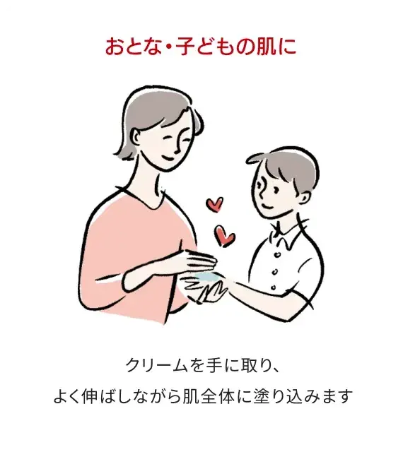 おとな・子どもの肌に：クリームを手に取り、よく伸ばしながら肌全体に塗り込みます
